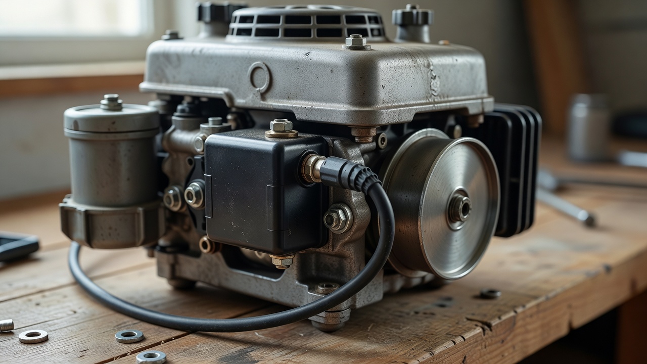 Close-up of an ignition coil mounted beside the flywheel on a lawn mower engine.