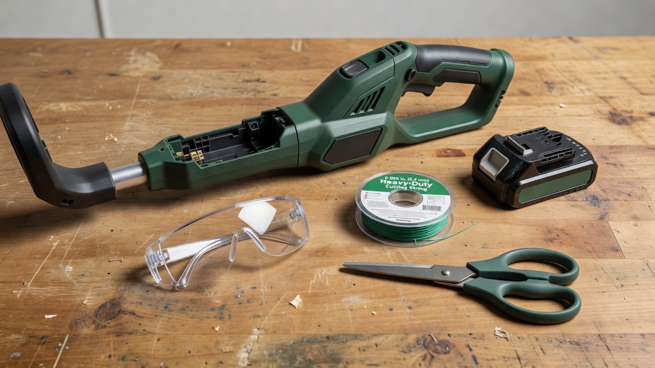 Grass trimmer with battery removed and safety equipment laid out on workbench