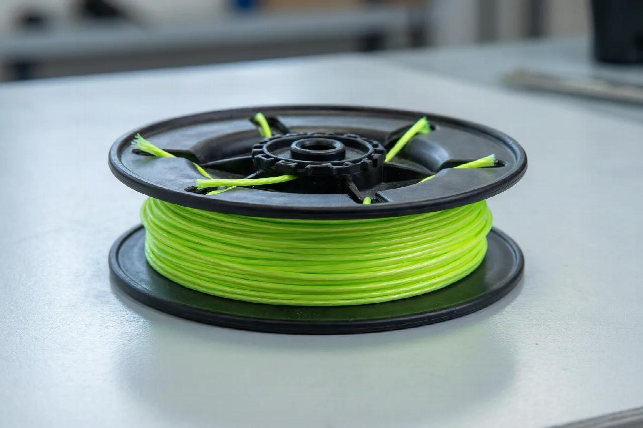 A weed eater spool with trimmer line wound around it
