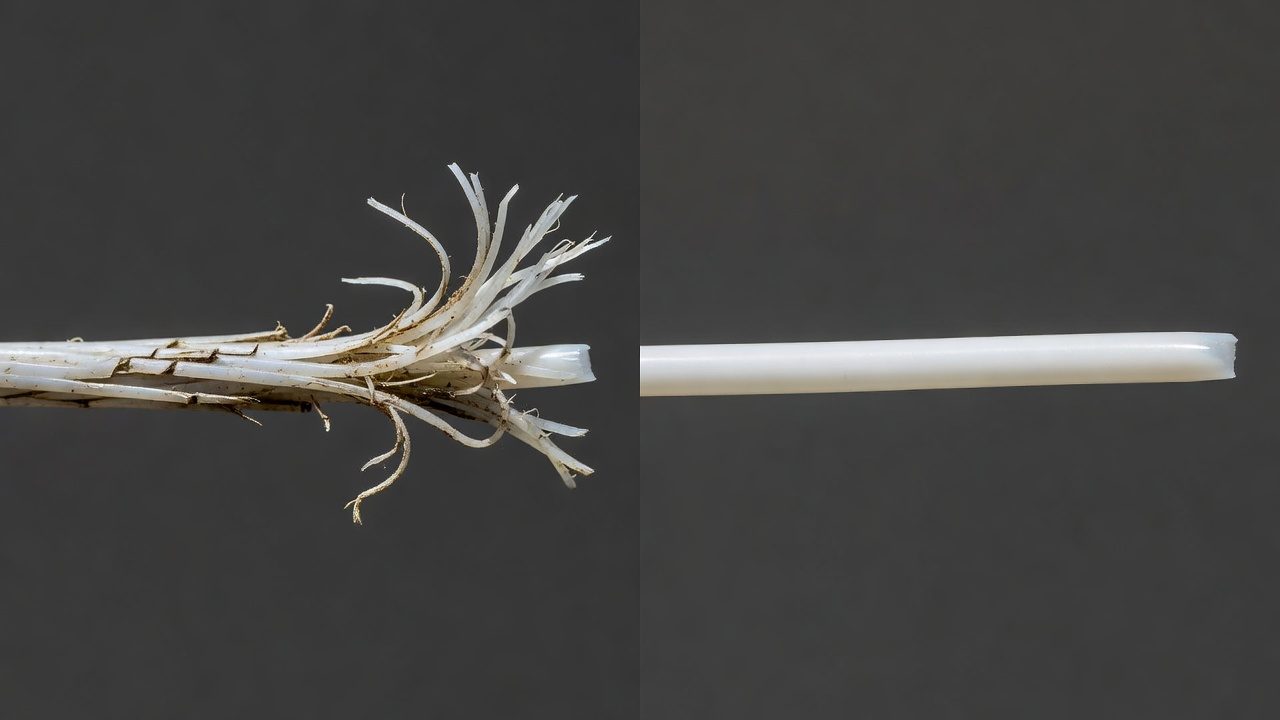 Comparison of worn versus new trimmer line showing the difference in condition