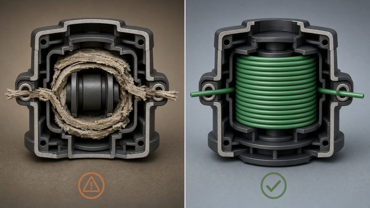 Before-and-after cross-section of a trimmer head showing worn versus fresh line