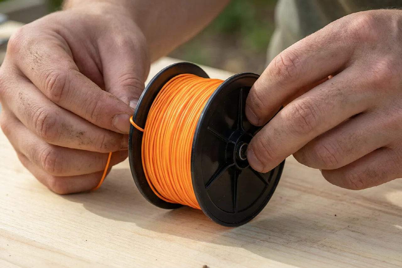 Hands winding trimmer line neatly onto a weed wacker spool