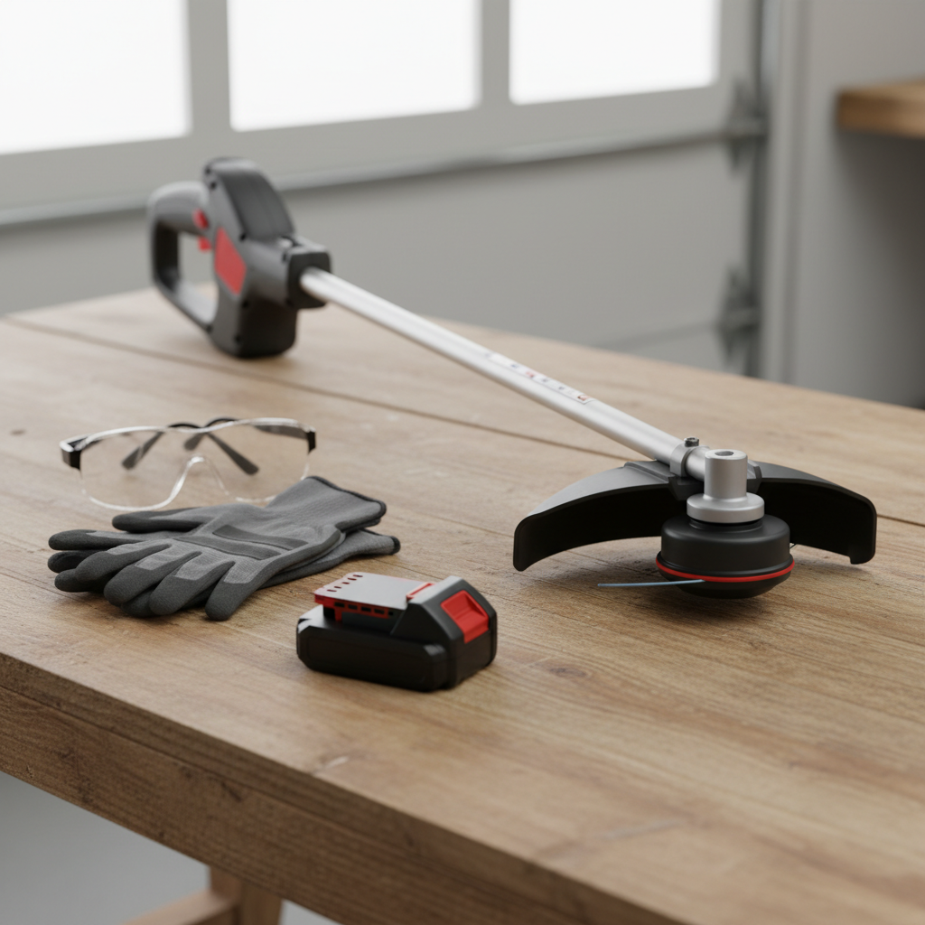 A cordless string trimmer on a workbench with its battery removed and safety glasses nearby.