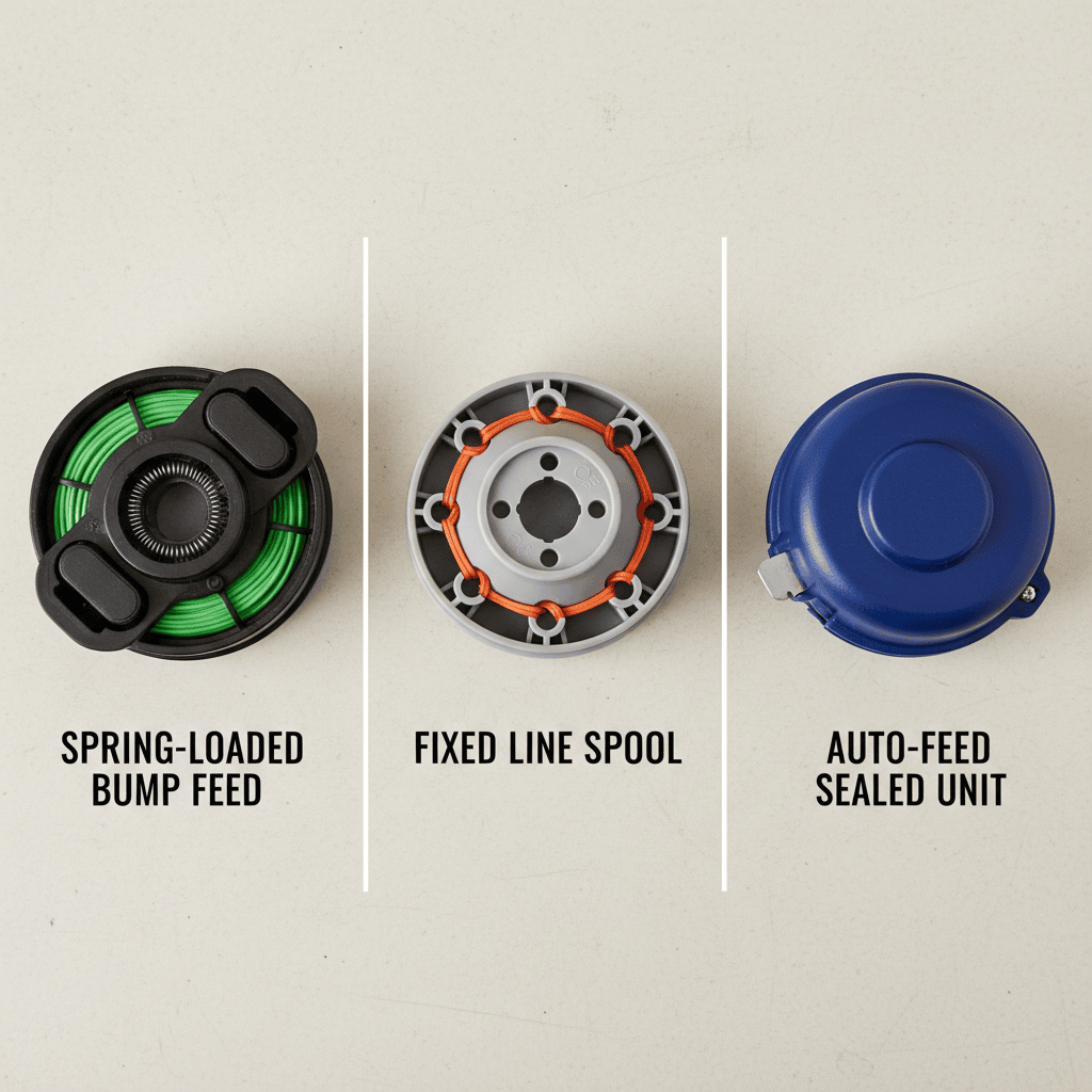 Three types of weed wacker spool systems: bump feed, fixed spool, and auto-feed displayed for comparison
