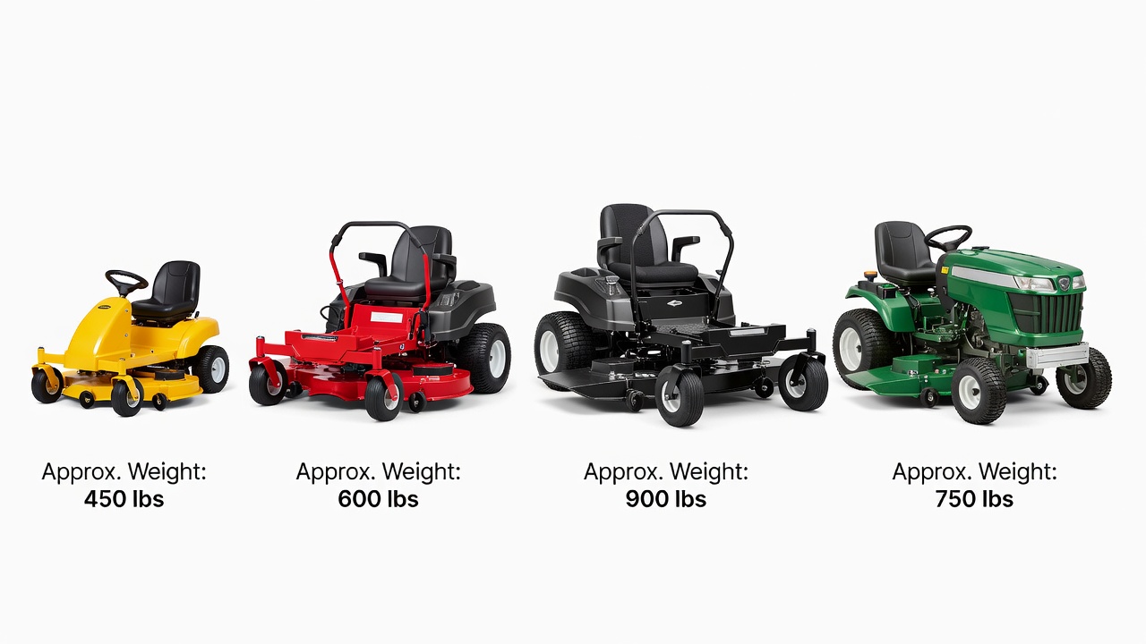 Four riding mower types arranged by size and weight classification