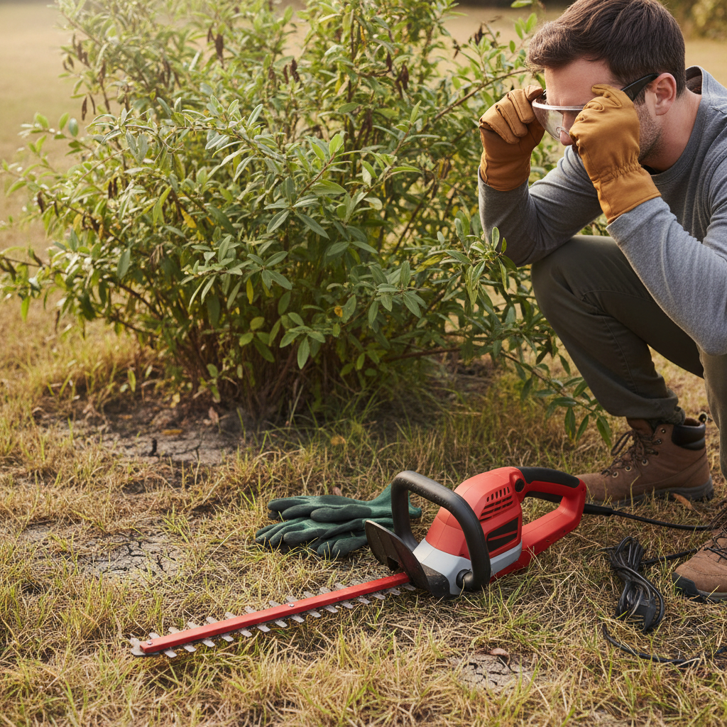 Gardener putting on safety glasses beside a dry bush and unused trimmer