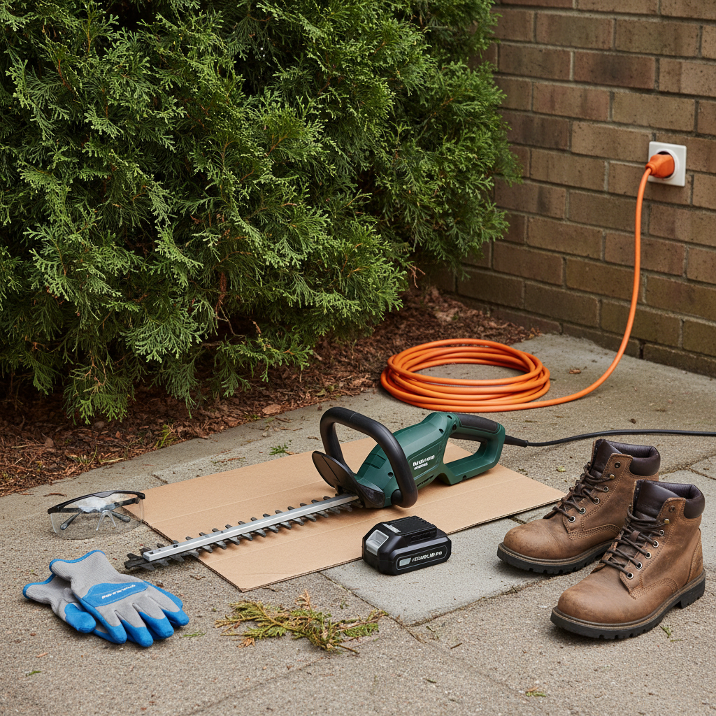 Unplugged electric hedge trimmer, gloves, and safety glasses set out on dry ground before trimming.