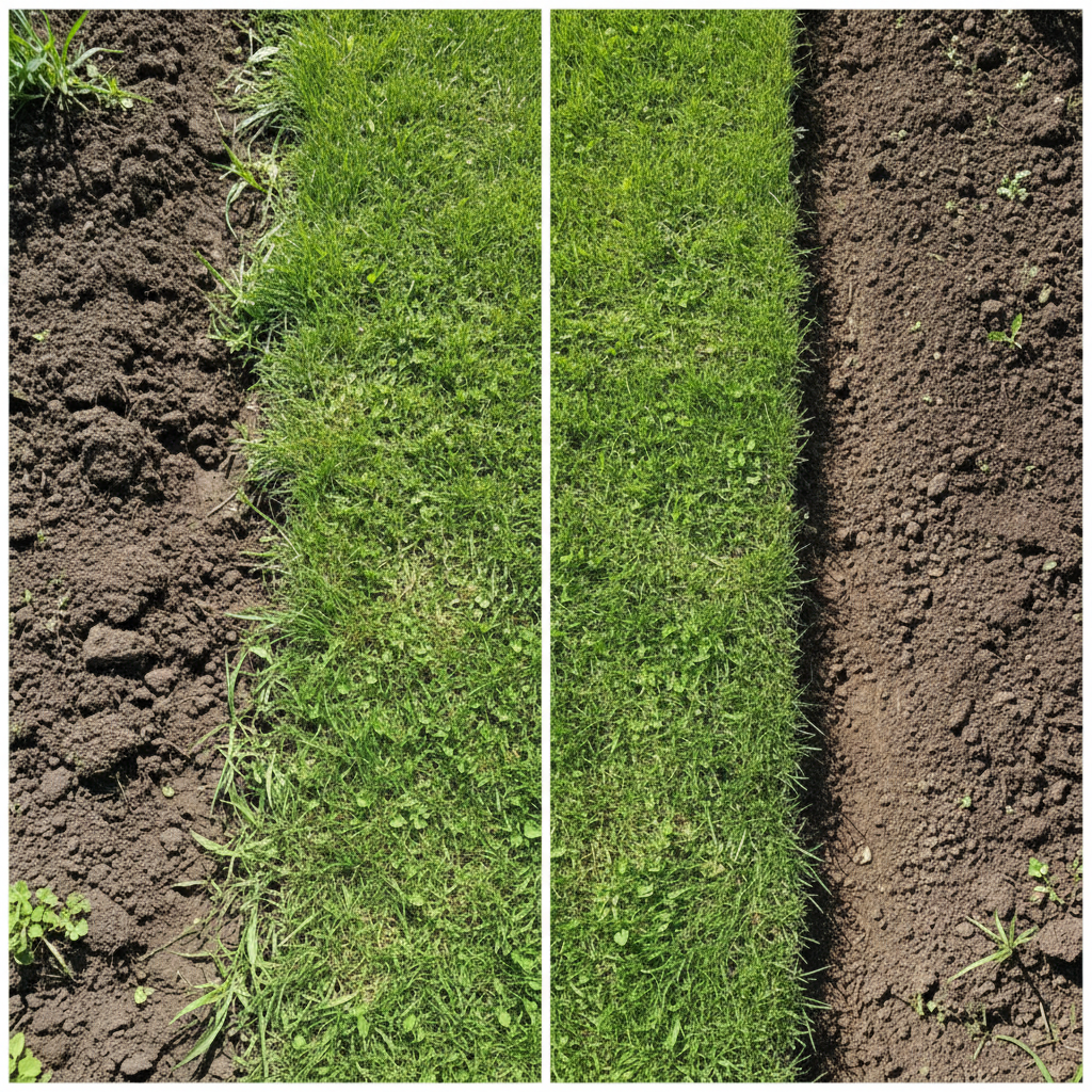 How Do You Trim Grass Edges? (Tools, Techniques & Best Practices) Before and after comparison of poorly maintained versus well-defined grass edges