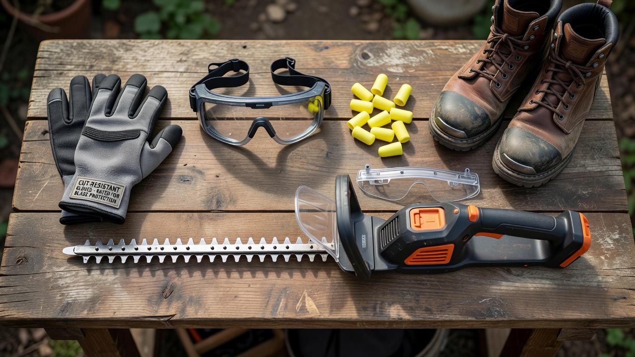 How Do You Trim Hedges with an Electric Trimmer? (Step-by-Step Guide) PPE and hedge trimmer safety equipment laid out on a garden workbench before starting a trimming job