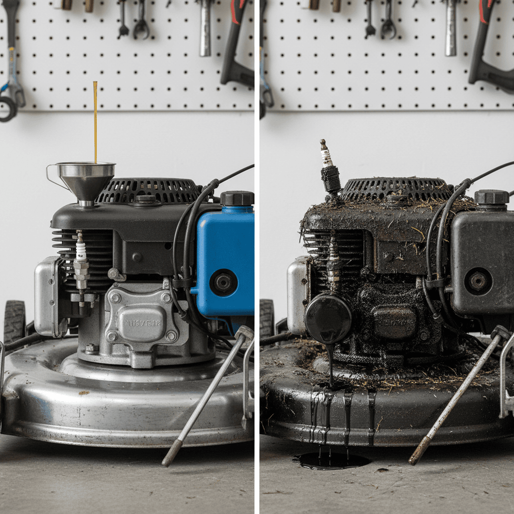 A side-by-side comparison of a clean, tuned-up lawn mower engine and a dirty, neglected one.