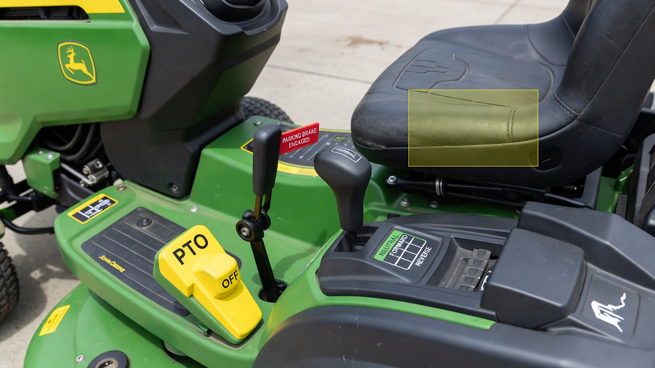 Close-up of John Deere mower controls showing the PTO switch off, parking brake engaged, and transmission in neutral.