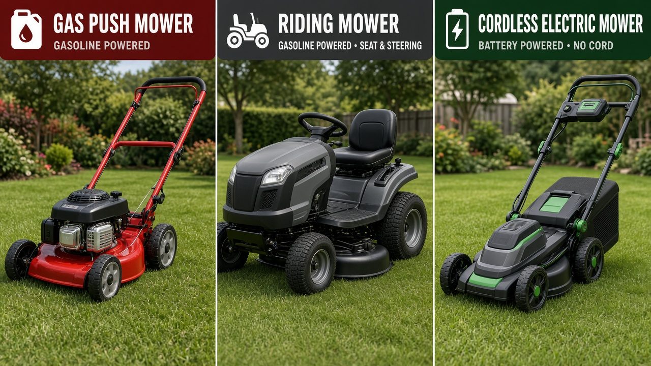 Three types of lawn mowers: gas push, riding, and electric