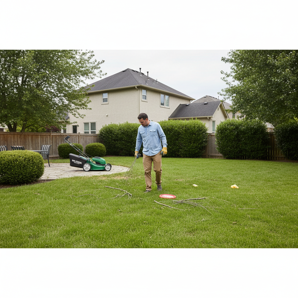 How to Turn on a Lawnmower Person clearing sticks from a lawn while a parked mower sits on level ground