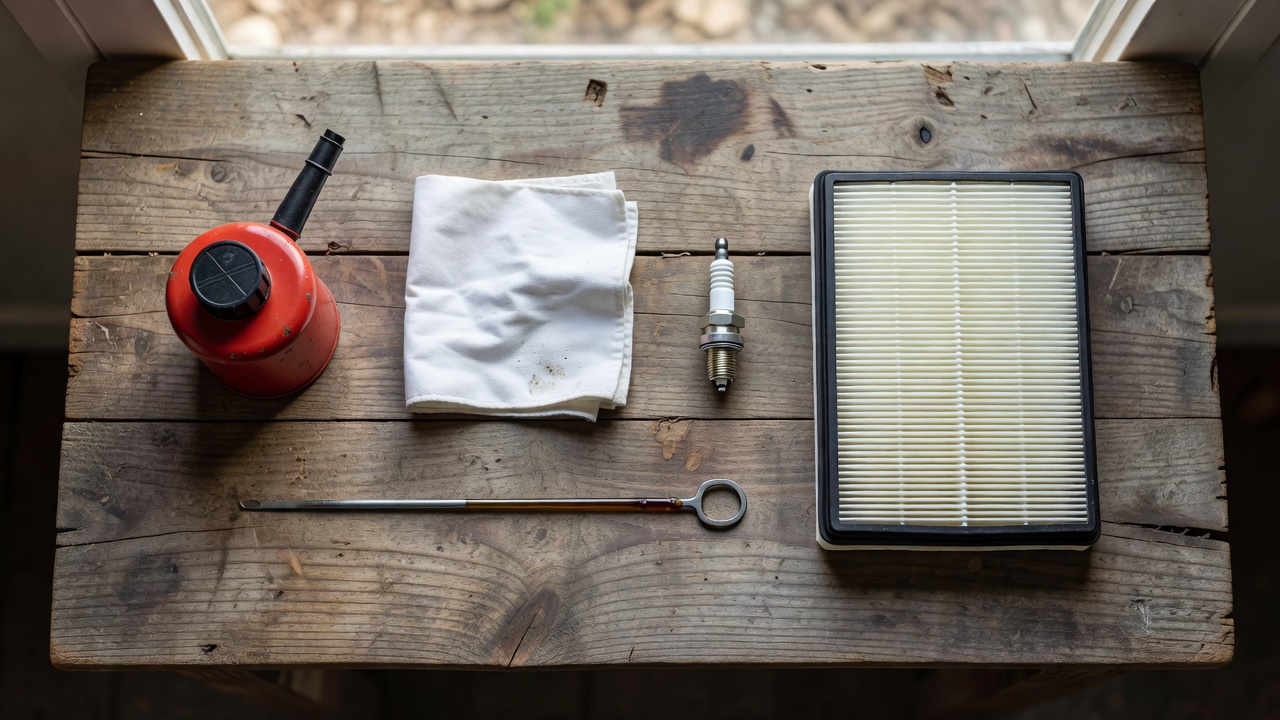 Pre-start checklist items for a push mower laid out on a workbench including fuel can, dipstick, spark plug, and air filter