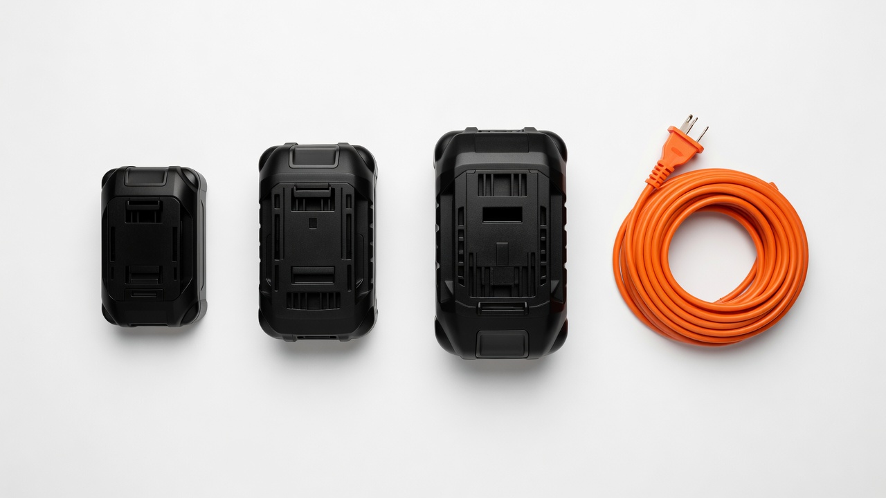 Three Greenworks battery packs of different voltages alongside a corded extension cord showing power source options