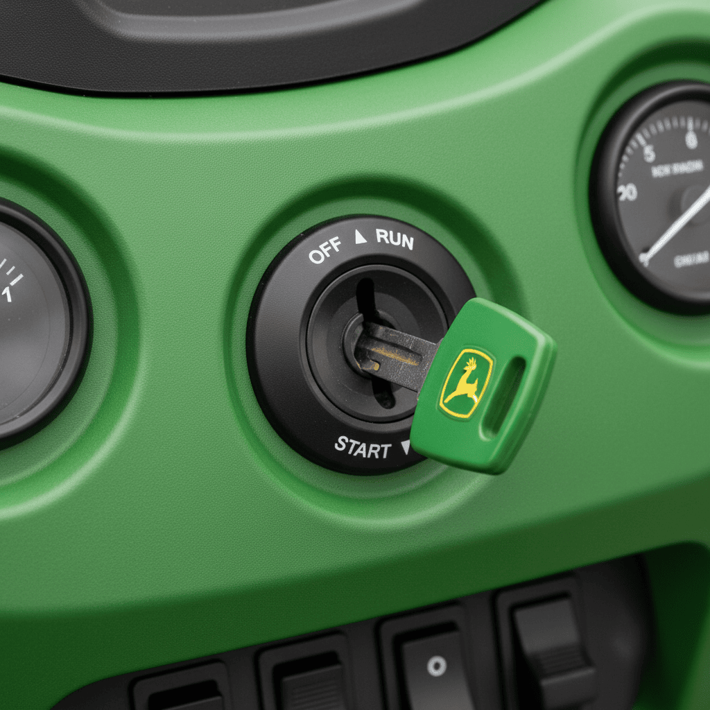 A John Deere lawn mower ignition switch with key
