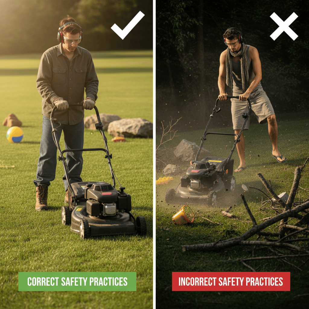 How Do You Turn On a Lawn Mower? (Complete Starting Guide) Comparison of safe versus unsafe lawn mower safety practices