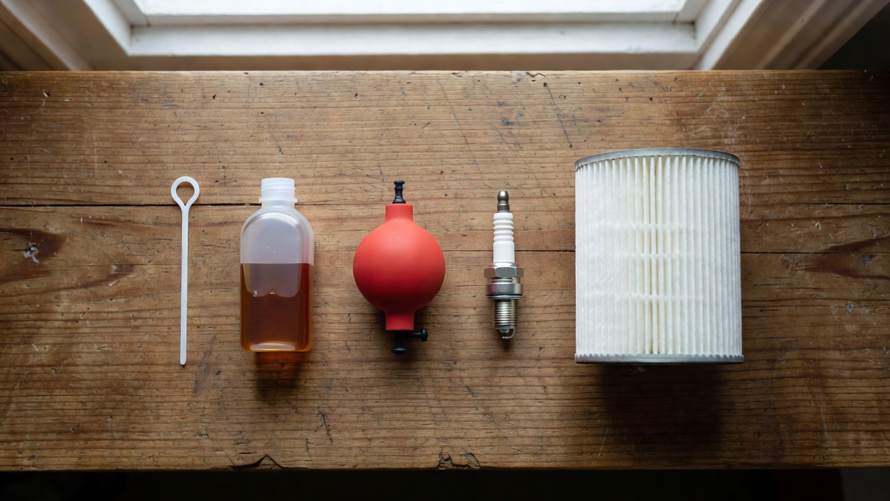 Lawn mower pre-start safety check items laid out on a workbench including dipstick, oil bottle, spark plug, and air filter
