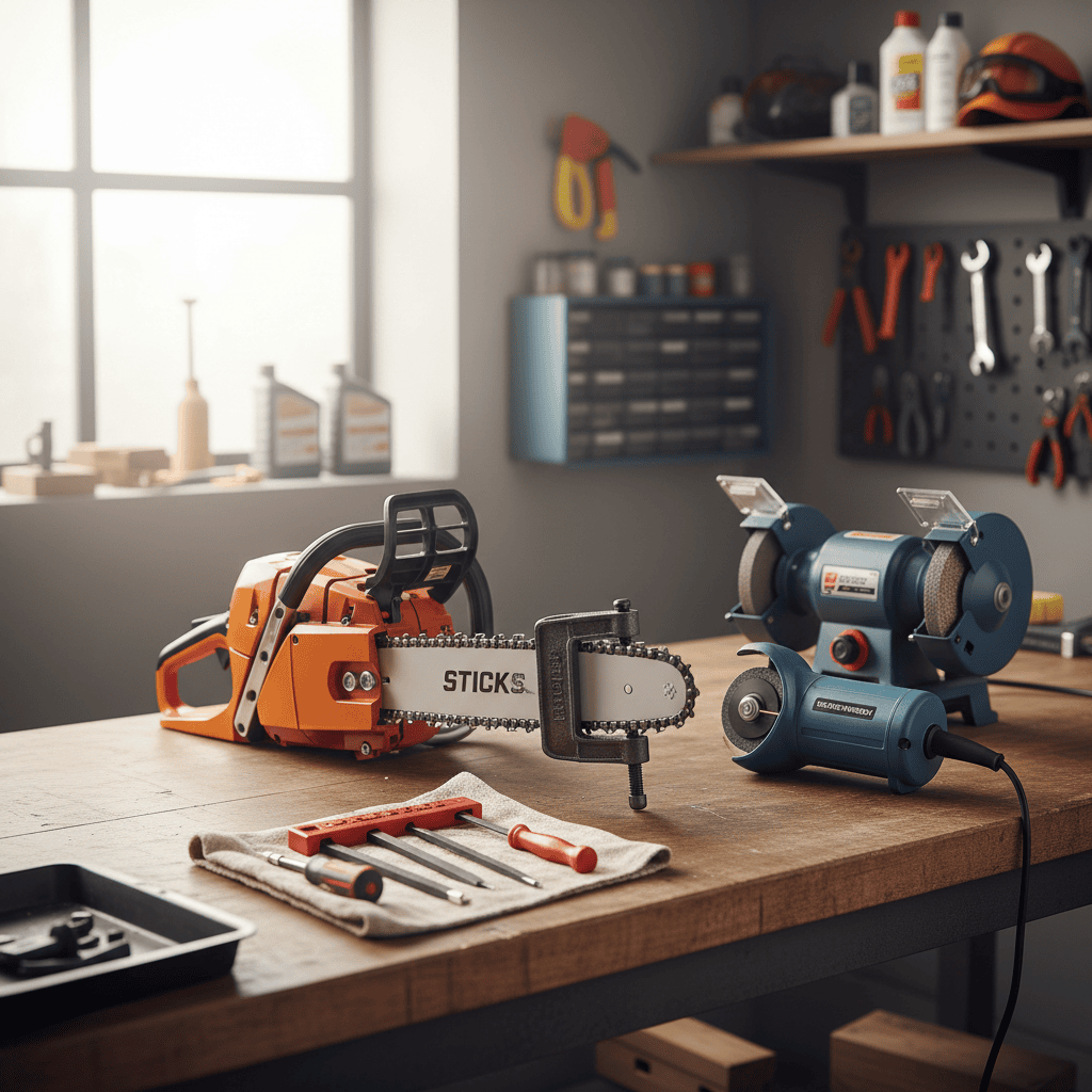 A chainsaw and assorted sharpening tools arranged on a workshop workbench.
