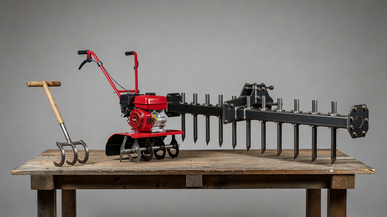 Three types of cultivators displayed together: hand cultivator, walk-behind motorized cultivator, and tractor-mounted cultivator.