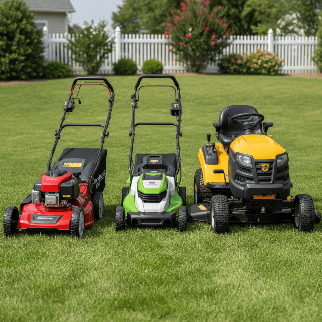 Comparison of three lawn mower types: push mower, cordless mower, and ride-on mower