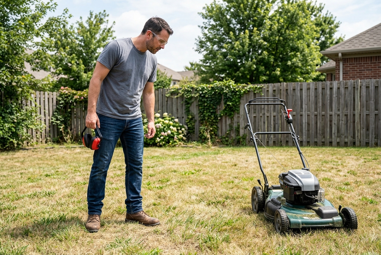 How to Use a Push Lawn Mower Person in closed-toe shoes and eye protection scanning a lawn before mowing