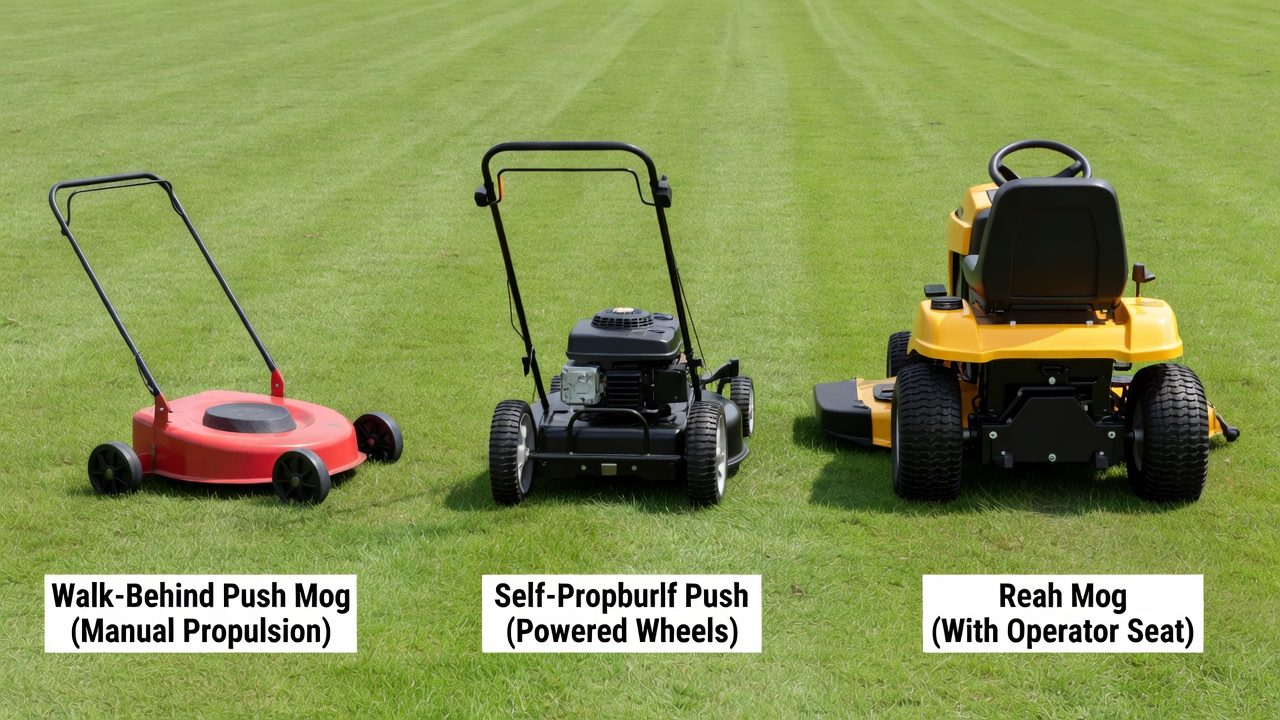 Three types of lawn mowers compared: push, self-propelled, and riding mower