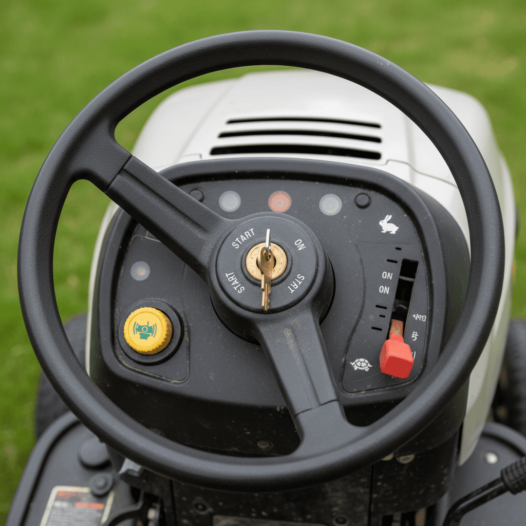 Close-up of the control panel and steering wheel of a riding lawn mower.