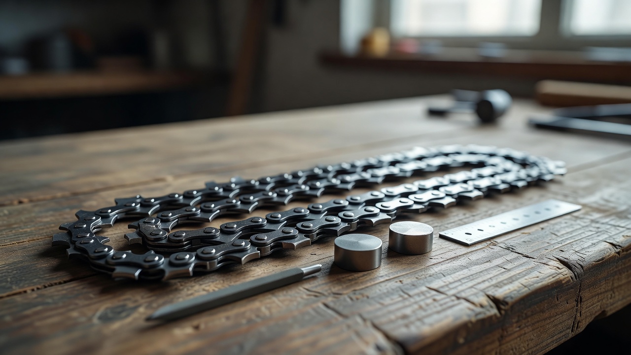 A chainsaw chain on a workbench next to two round files of different sizes and a small ruler.