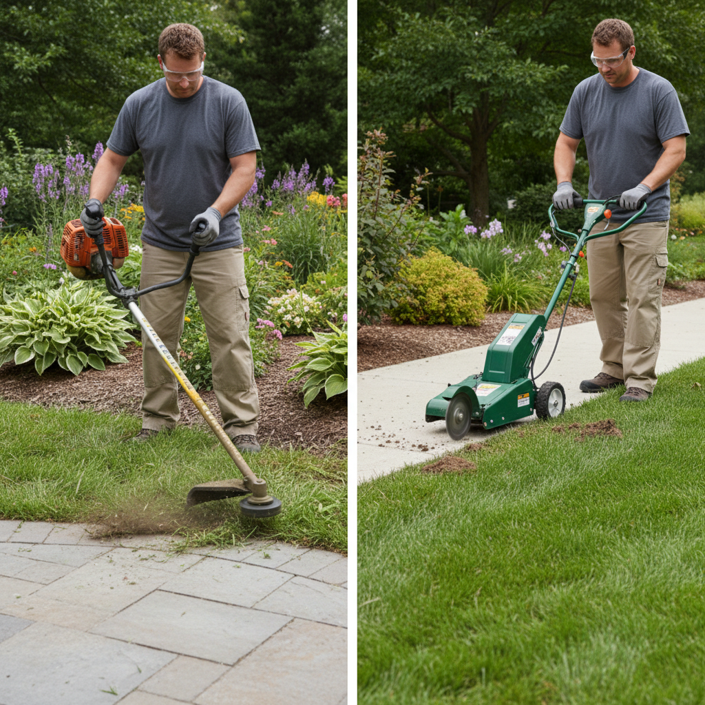 How Do You Use a String Trimmer to Edge? (Step-by-Step Technique Guide) Comparison of string trimmer versus dedicated edger tool design and cutting results