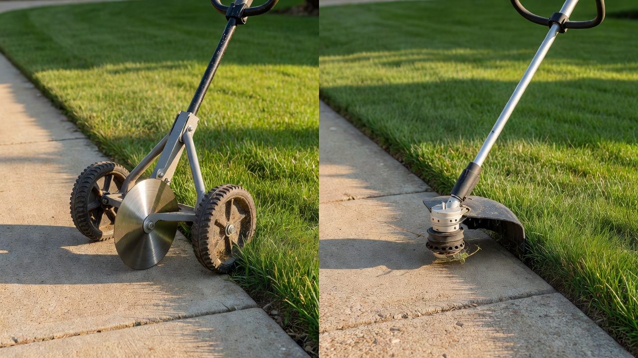 How Do You Use a Weed Wacker to Edge? (Complete Technique Guide) Dedicated lawn edger and string trimmer shown side by side along a sidewalk edge, illustrating both tools used for edging