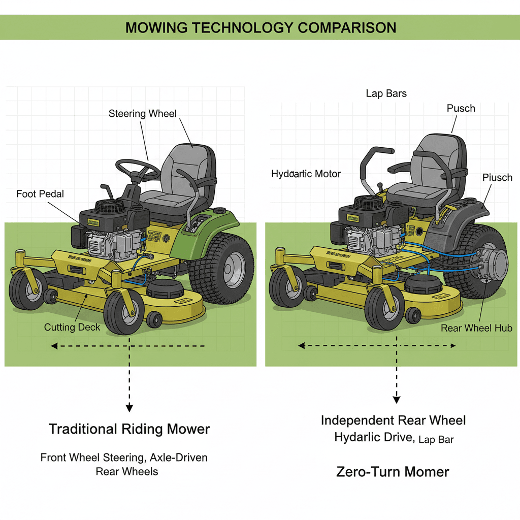 Comparison of traditional riding mower steering wheel versus zero turn mower dual lap bar controls