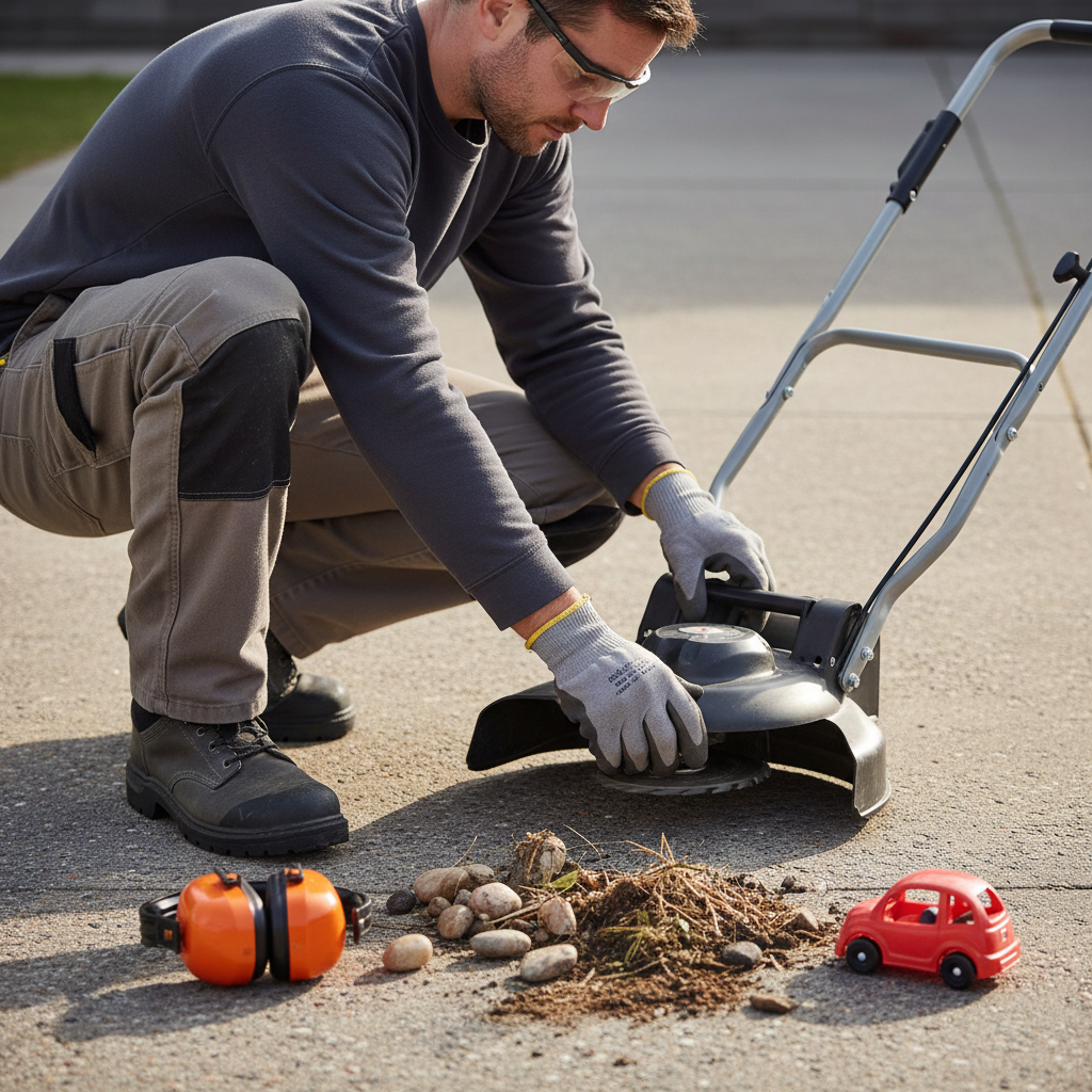 Person in safety glasses inspects the guard and head of a stopped lawn edger on a driveway.