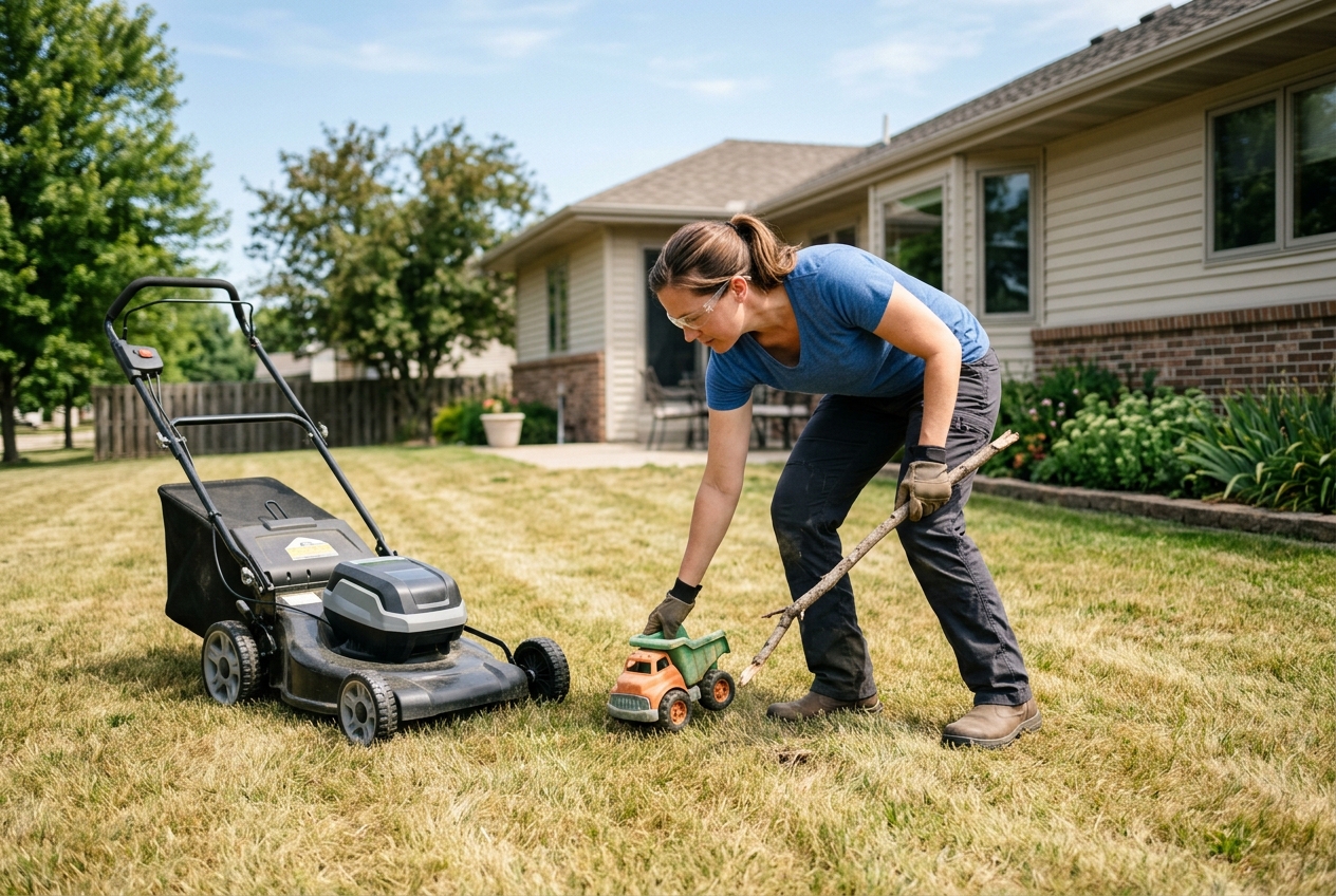 Adult in yard safety gear clearing sticks from a dry lawn beside an unused electric mower.