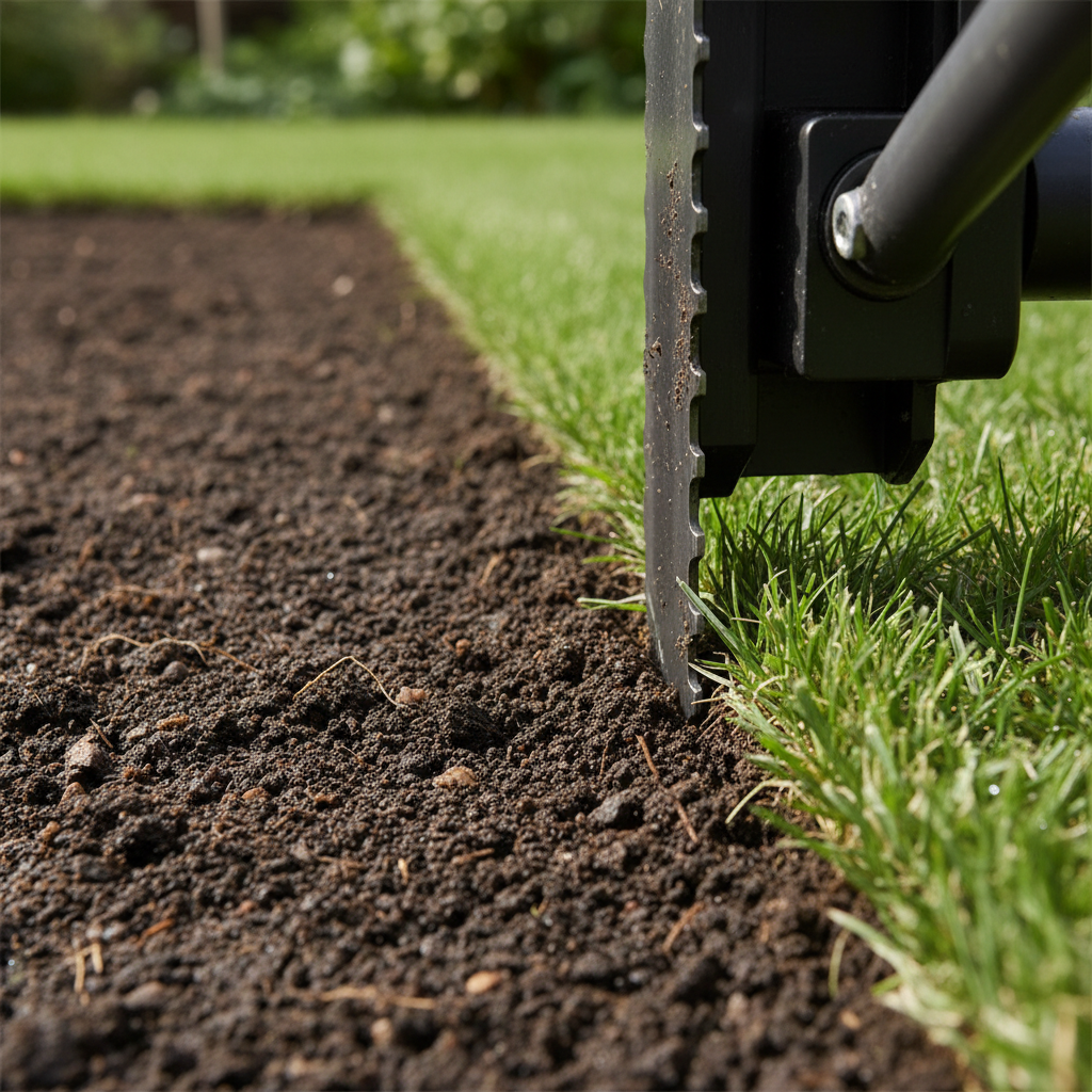 Edger blade cutting a defined vertical line between lawn grass and soil