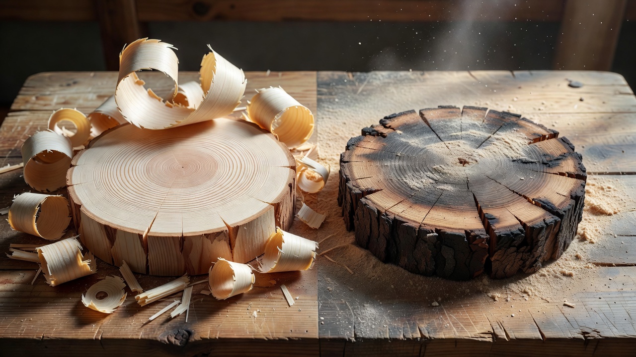 Side-by-side comparison of clean wood chips from a sharp chainsaw chain versus fine sawdust from a dull chain