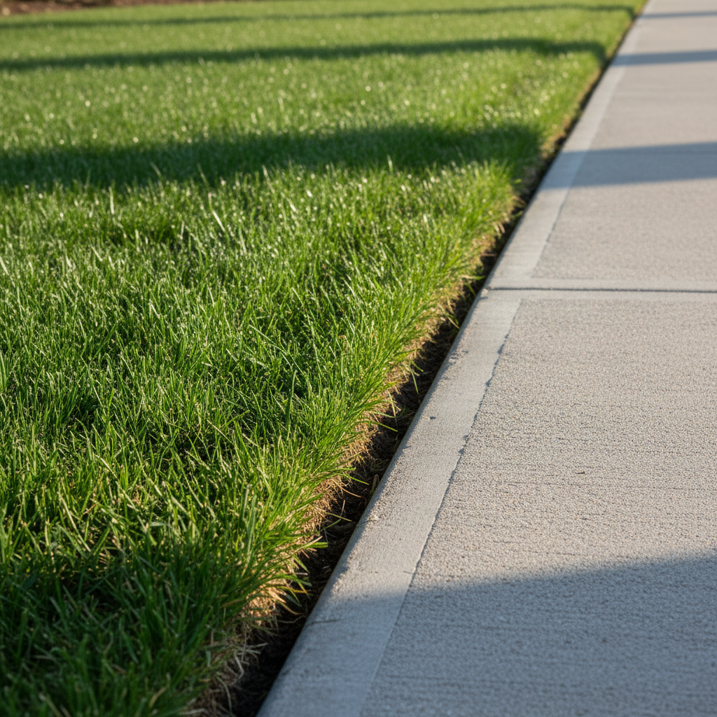 Narrow vertical trench between turf and a concrete sidewalk