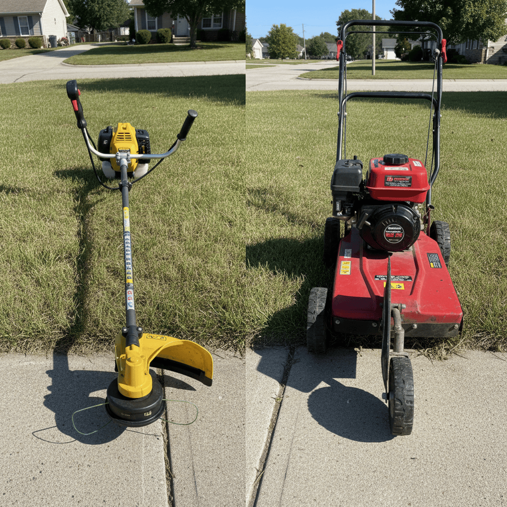 A string trimmer in edging mode next to a dedicated edger tool.