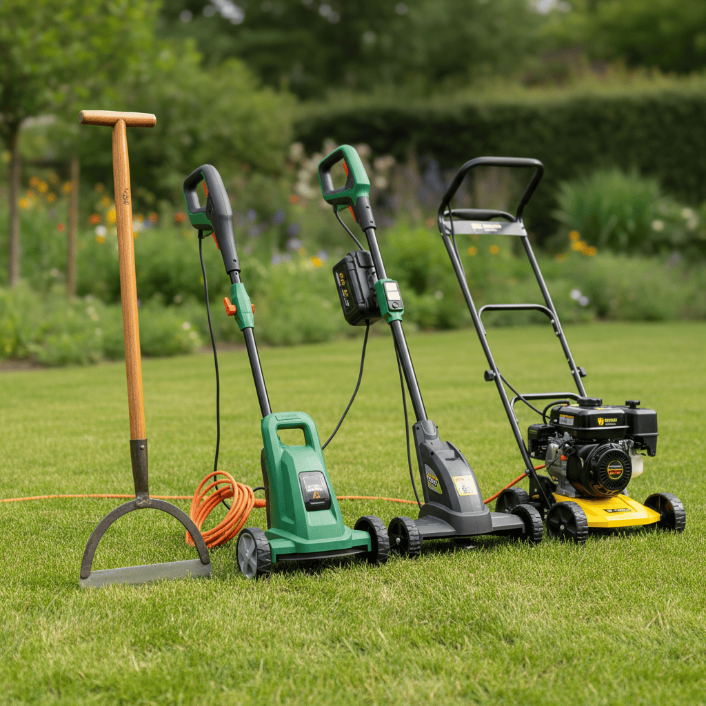 Four different types of lawn edgers lined up showing manual, corded electric, cordless electric, and gas-powered models