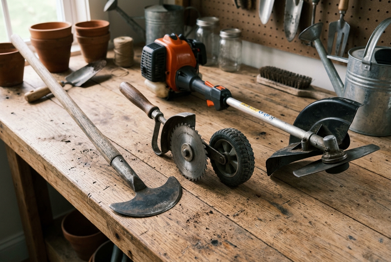 Half-moon, wheeled, and powered lawn edgers arranged on a potting bench