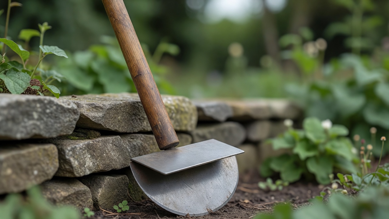 Close-up of a half moon edger showing its curved crescent blade and step plate.