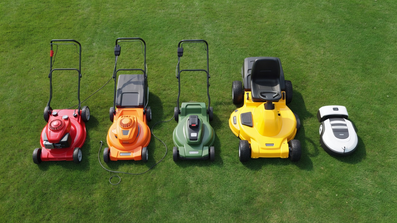 Five types of lawn mowers — gas push, electric corded, cordless battery, riding, and robotic — displayed side by side on grass