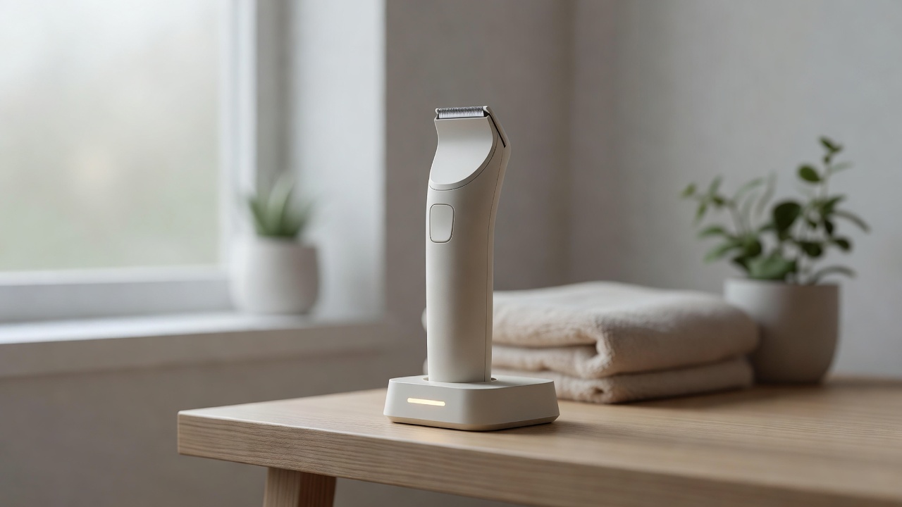 Body trimmer charging in its dock on a bathroom shelf.