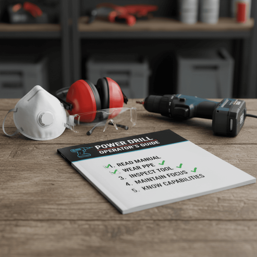 Power tool manual with essential PPE items and safety checklist