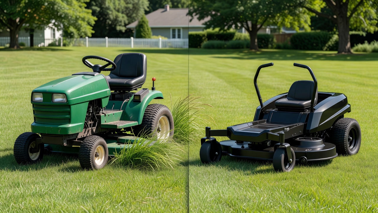 Side-by-side view of a steering-wheel lawn tractor and a zero-turn mower on a residential lawn