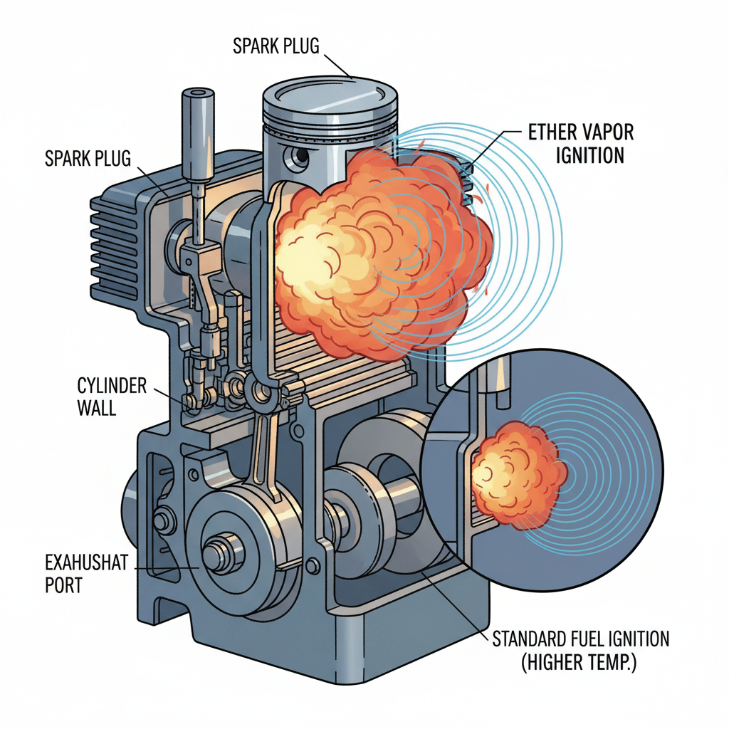 Starting fluid igniting in engine cylinder under compression