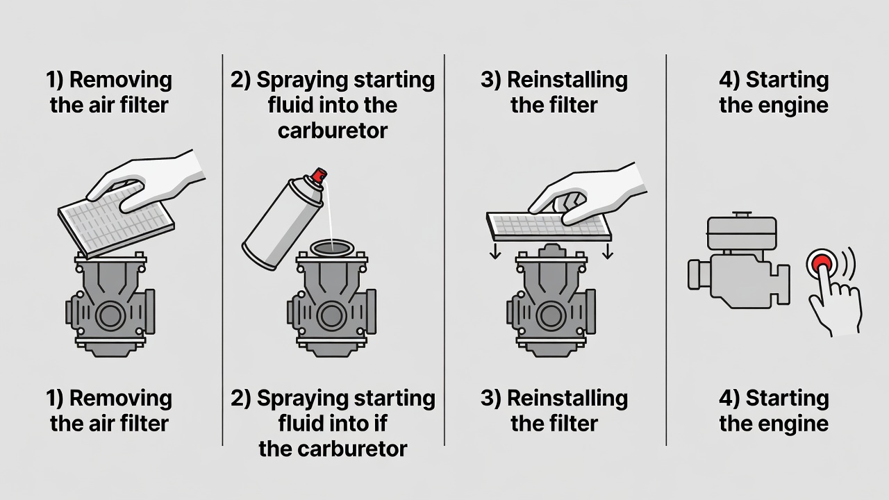 How Do You Use Starting Fluid on a Lawn Mower? (Safe Step-by-Step Guide) Vector illustration of the quick answer steps for using starting fluid