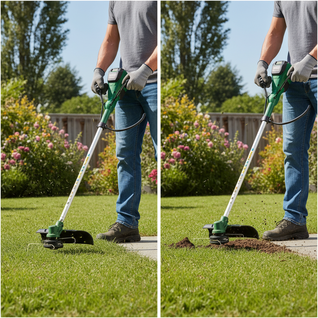 Comparison showing a string trimmer in horizontal trimming position and vertical edging position.
