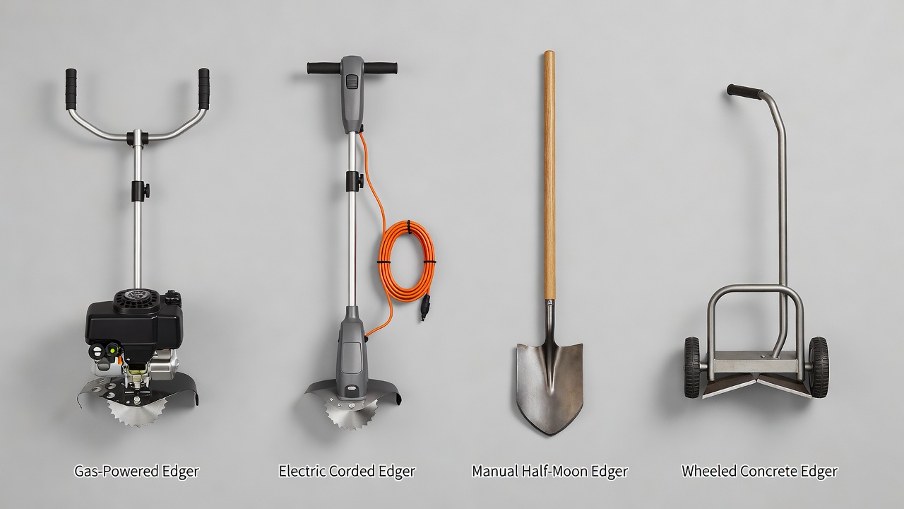 What Types of Edgers Are There? Four different types of edgers displayed for comparison: gas-powered, electric, manual, and concrete edger