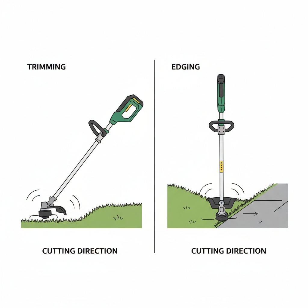 Side-by-side comparison of string trimmer held horizontally for trimming versus vertically for edging